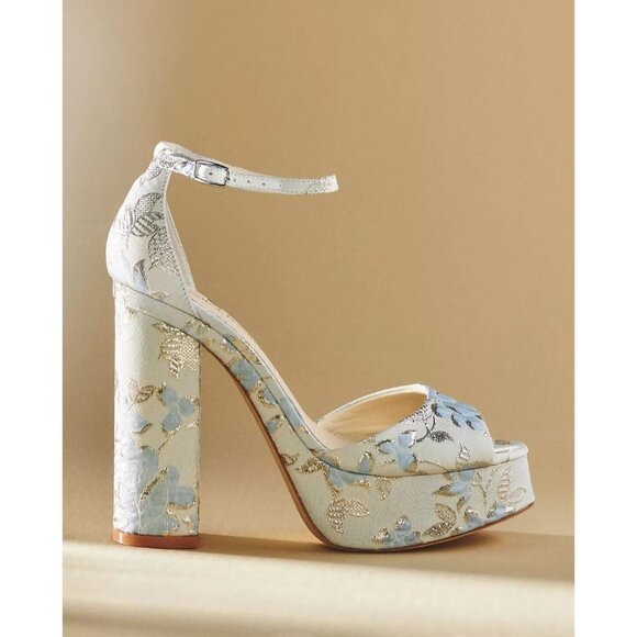 Anthropologie Bella Belle Catarina Platform Heels Blue Floral 8 - Picture 2 of 3